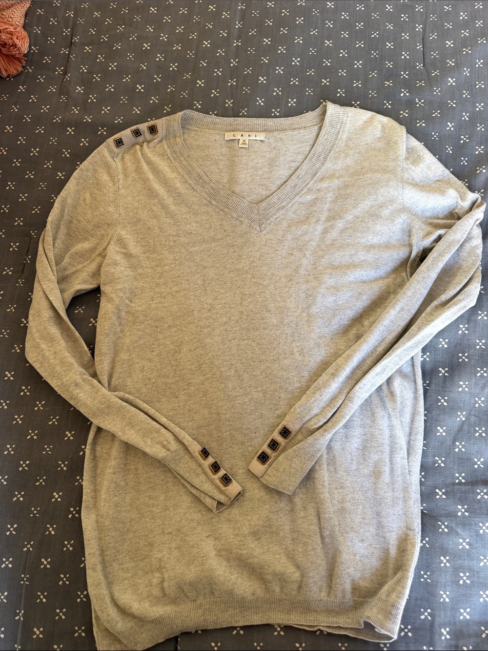 CAbi Light Gray V-Neck Sweater with Button-Trimmed Sleeves